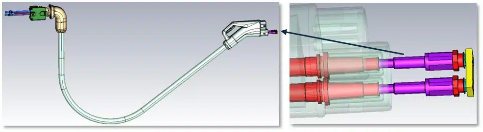 Gesamter Ladestecker mit dem Ladekabel und vergrößerte Darstellung des Steckverbinders