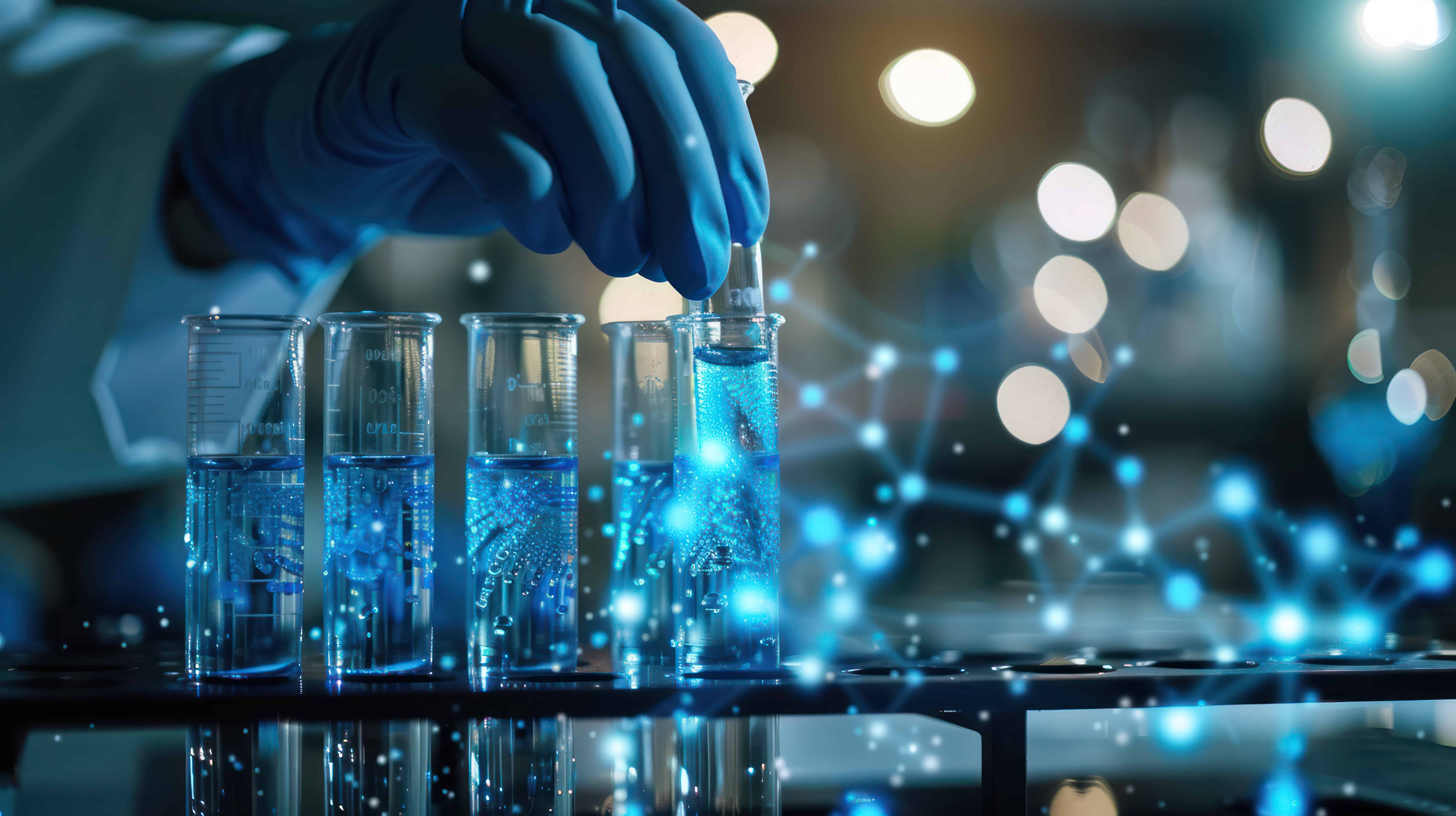 researchers scientist working analysis with blue liquid test tube in the laboratory